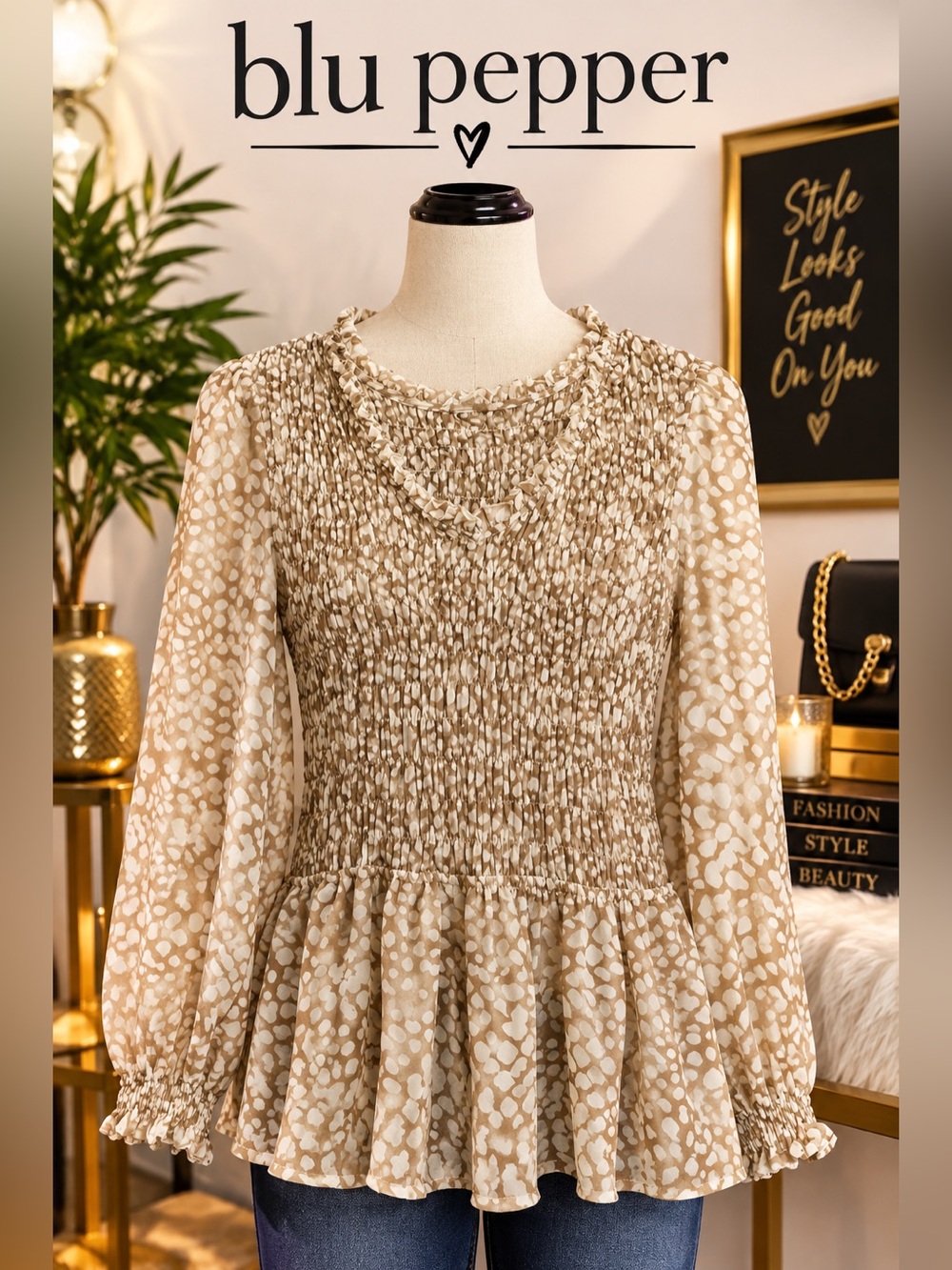 Blu Pepper | Beige Printed Smocked Peplum Long Sleeve Blouse
